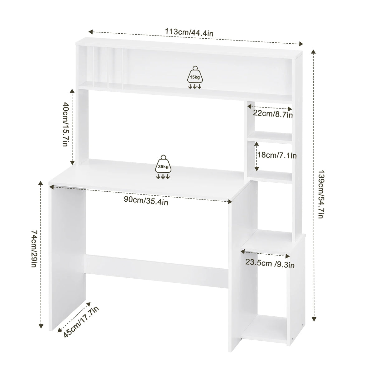 Computer Table with Storage Desk with 5 Shelves 113.5x45x139cm Study Gaming Table Scandinavian Desk for Office Living Room