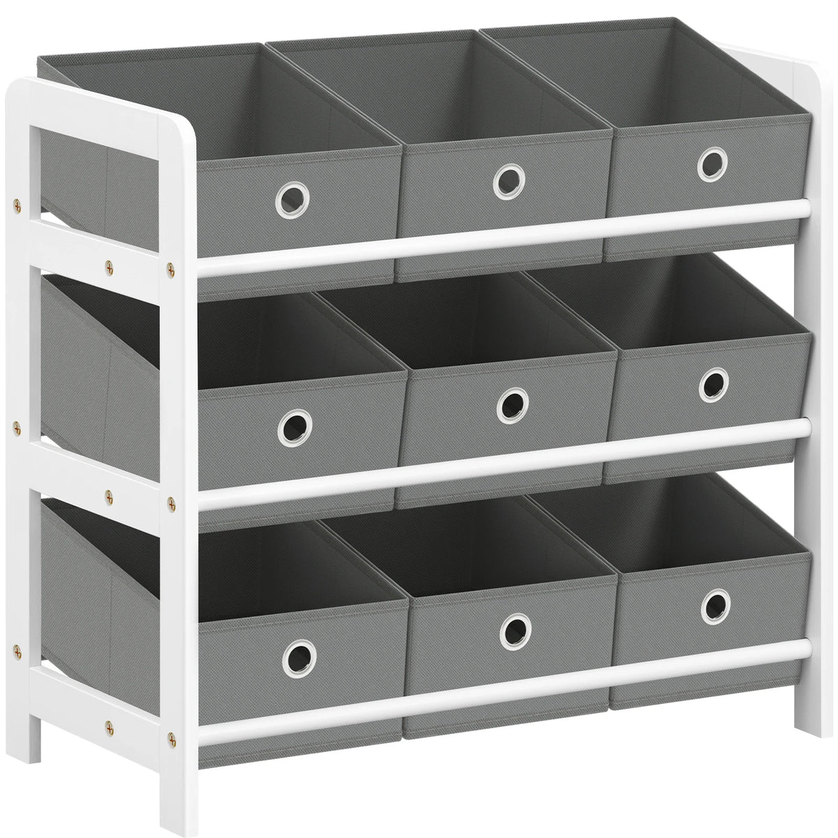 Speelgoedkast met bakken – 9 uitneembare stoffen bakken – Wit-grijs – 63,5 × 29,5 × 58 cm