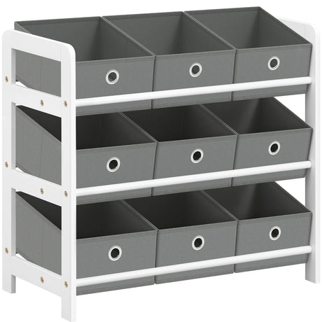 Witte-grijze speelgoedkast met negen uitneembare stoffen bakken van BukkitBow, geschikt voor kinderkamers, afmetingen 63,5x29,5x58 cm