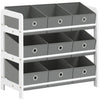 Witte-grijze speelgoedkast met negen uitneembare stoffen bakken van BukkitBow, geschikt voor kinderkamers, afmetingen 63,5x29,5x58 cm