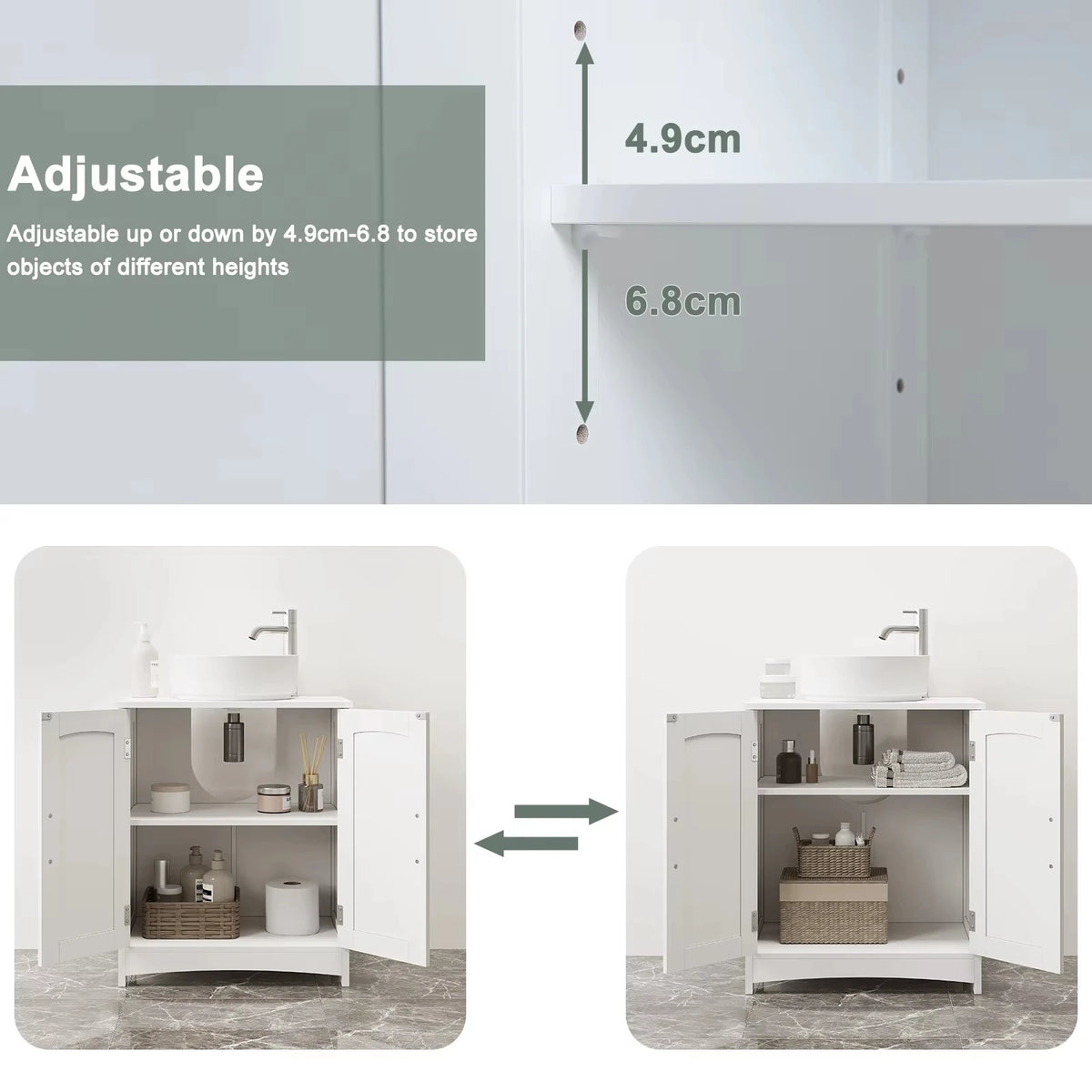 EUGAD Bathroom Cabinet Vanity Unit Under Sink Storage Cupboard with 2 Doors Adjustable Shelf Freestanding Vanity Cabinet Organizer 50x30x60cm