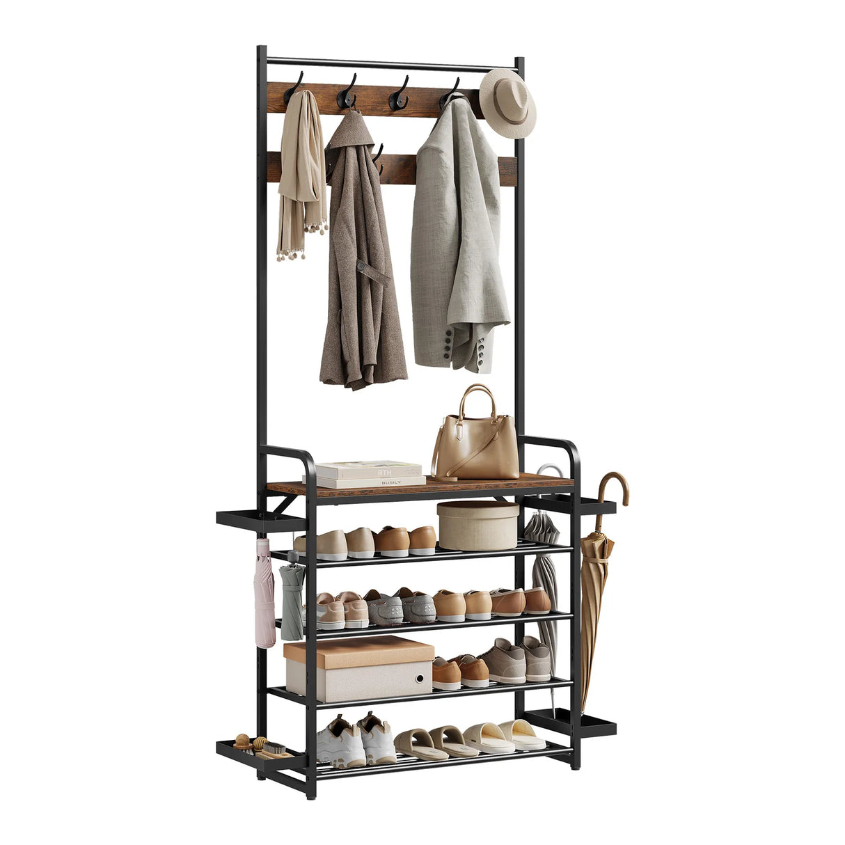 Industrieel BukkitBow kledingrek met schoenenrek en 9 haken, stabiel design, geschikt voor kleding en accessoires.