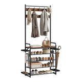 Industrieel BukkitBow kledingrek met schoenenrek en 9 haken, stabiel design, geschikt voor kleding en accessoires.