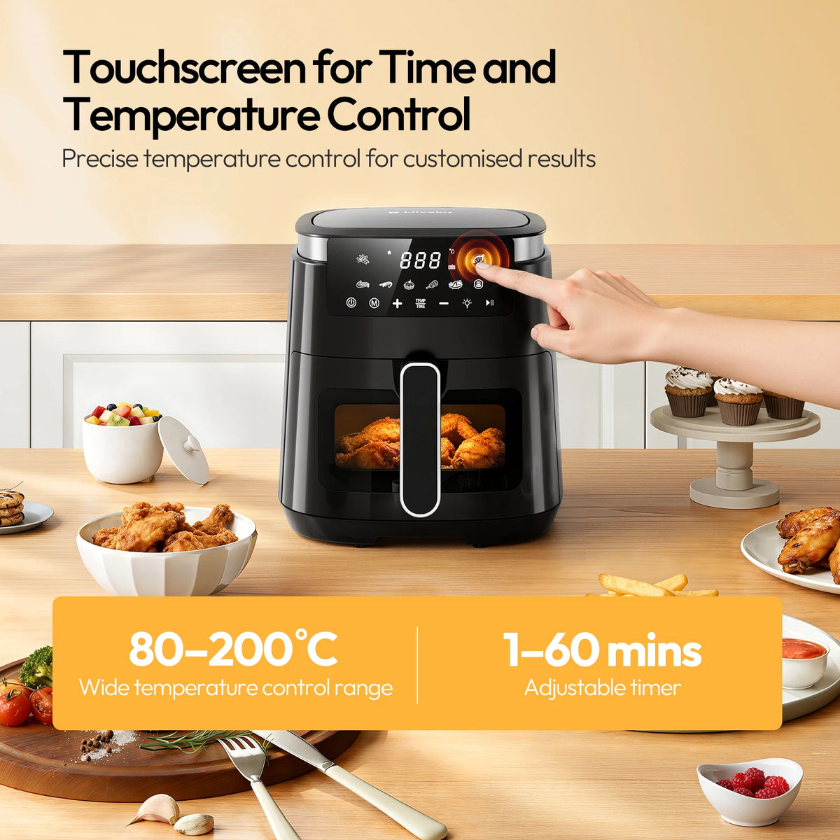 LLIVEKIT 5.5 L Air Fryer with Keep Warm Function 7 Cooking Programmes Viewing Window Interior Light Energy Efficient Oil Free for Kitchen