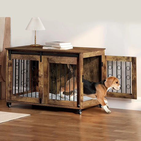 Houten hondenbench van BukkitBow met 2 deuren, 5 wielen en afmetingen 100x56x65 cm, geschikt voor huisdieren.
