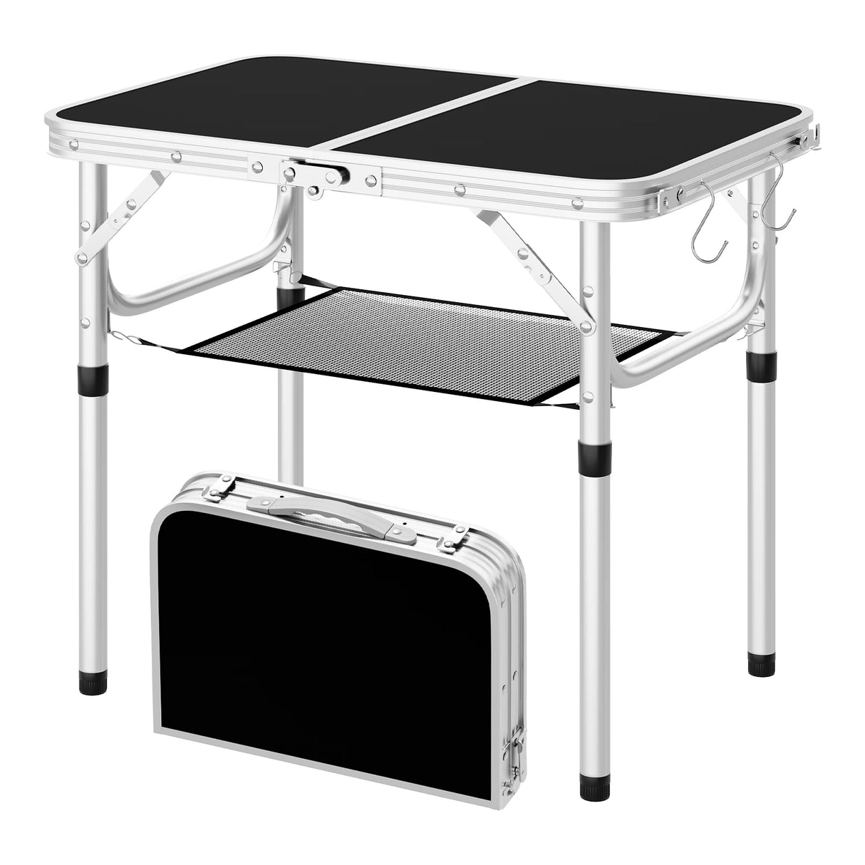 Verstelbare campingtafel van BukkitBow met opbergnet en haken, geschikt voor kamperen en outdoor activiteiten.