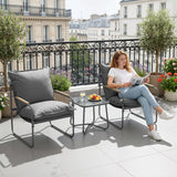 Moderne BukkitBow balkonset met glazen tafel en twee stoelen, geschikt voor buitengebruik, stijlvolle tuinset voor balkon of terras