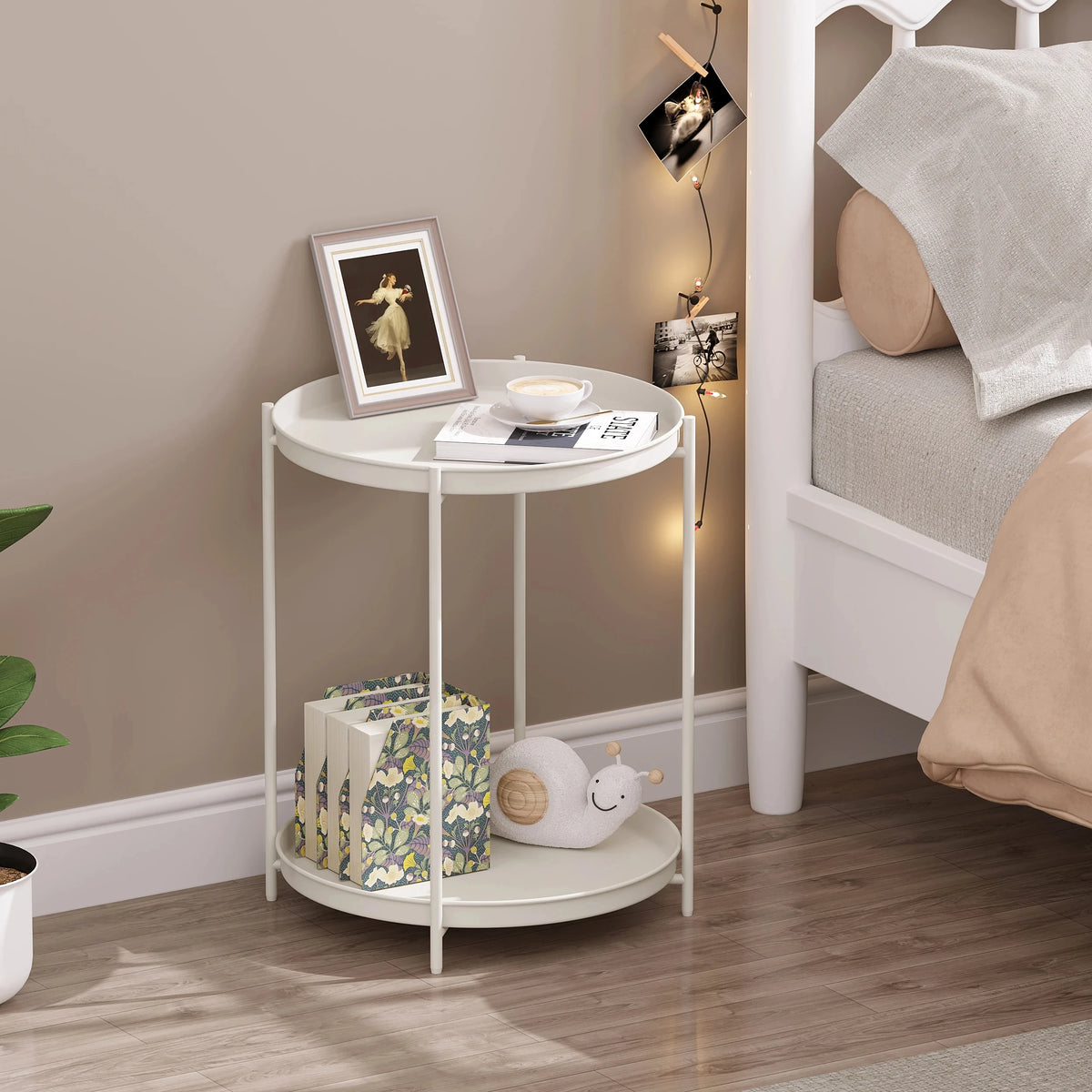 WOLTU Round Coffee Table Metal Side Table with Storage Space 2 Removable Trays Bedside Table for Living Room Bedroom Decor