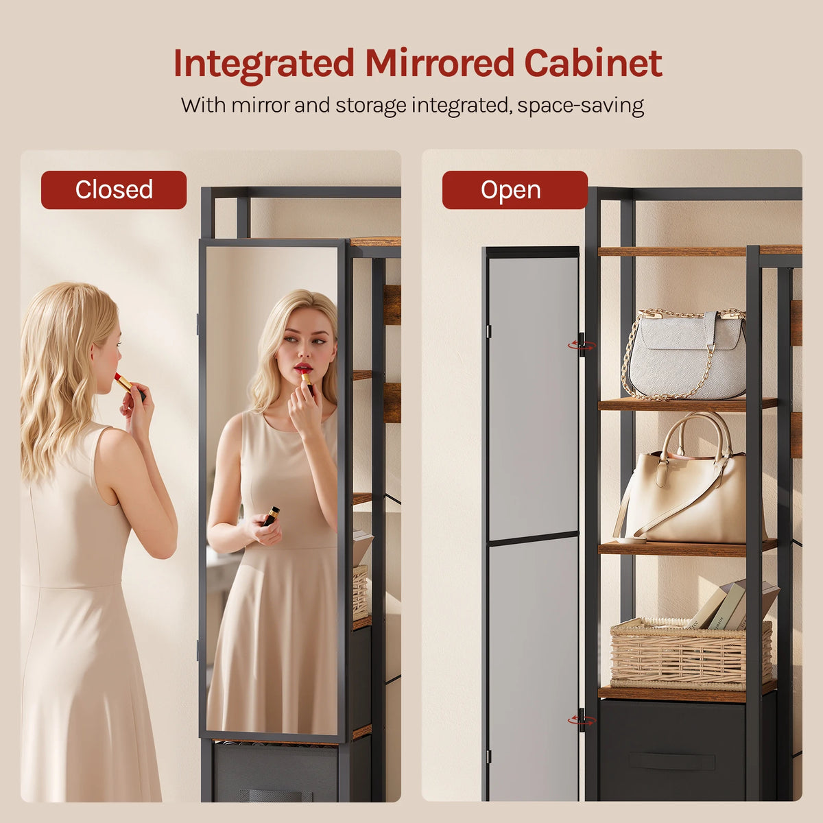 WOLTU Open Wardrobe with Shoe Rack and 2 Drawers Metal Frame Freestanding Coat Rack with Mirror 9 Hooks for Bedroom Hallway 100×30×180cm