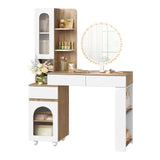 Kaptafel met ronde verlichte spiegel, witte lades en kastjes in licht eiken en wit