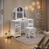 WOLTU Children's Dressing Table with Stool Mirror Wooden Small Dressing Table with Adjustable Shelves Girls Cosmetic Table White