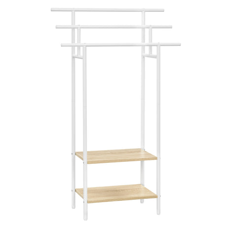 Vrijstaand handdoekrek van BukkitBow met 3 stangen en 2 planken, wit en licht eiken, 68 cm breed voor badkamer of keuken.