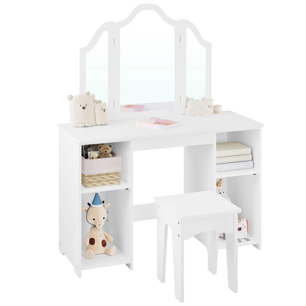 WOLTU Children's Dressing Table with Stool Mirror Wooden Small Dressing Table with Adjustable Shelves Girls Cosmetic Table White
