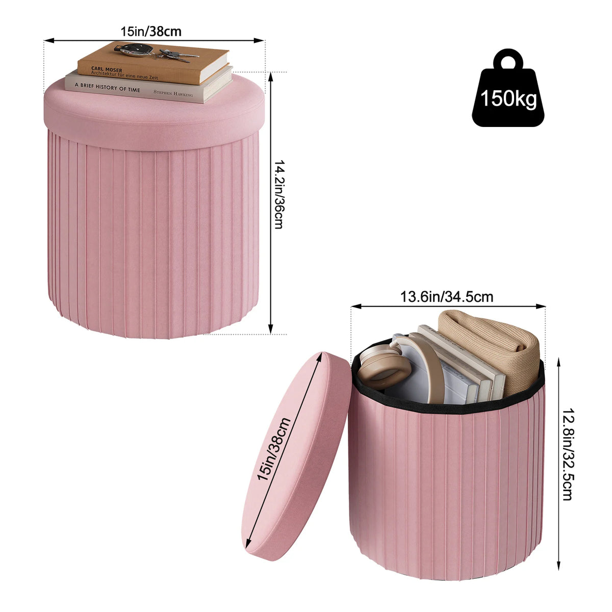 WOLTU Velvet Footstool Round Ottoman MDF Foldable Storage Stool with Creative Storage Box Removable Padded Lid for Living Room