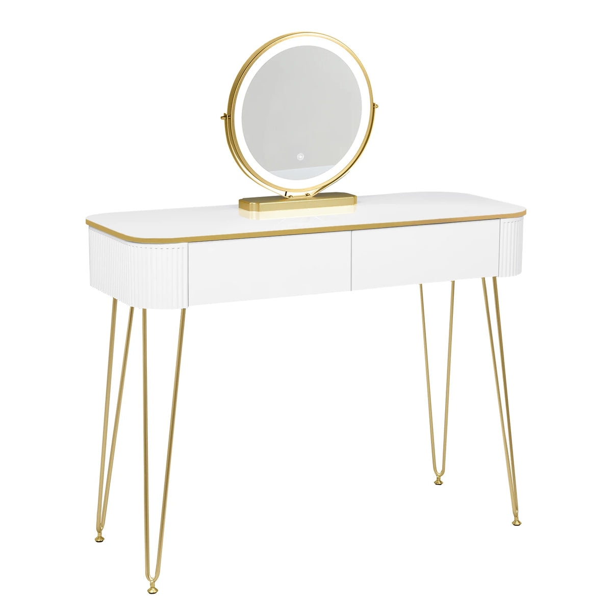 Kaptafel met spiegel en verlichting – 2 lades – Wit en goud