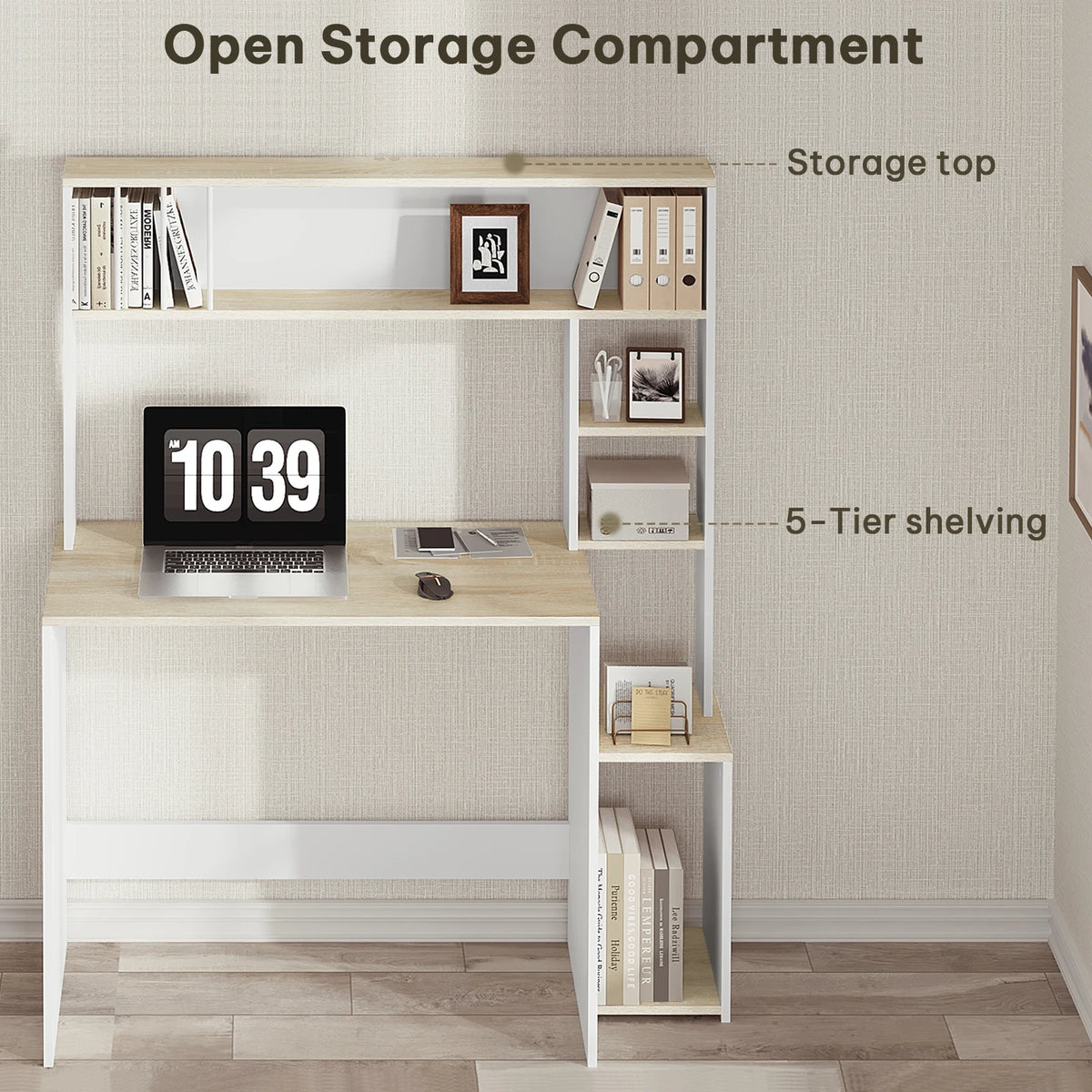 Computer Table with Storage Desk with 5 Shelves 113.5x45x139cm Study Gaming Table Scandinavian Desk for Office Living Room