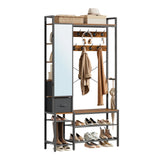 WOLTU Open Wardrobe with Shoe Rack and 2 Drawers Metal Frame Freestanding Coat Rack with Mirror 9 Hooks for Bedroom Hallway 100×30×180cm