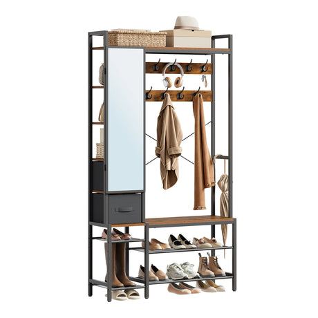 BukkitBow WOLTU open garderobe met schoenenrek, spiegel en 9 haakjes, metalen frame, vrijstaand, voor slaapkamer of hal, 100x30x180cm