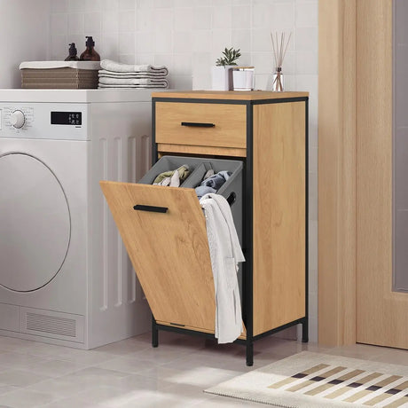Badkamerkast met wasmand van BukkitBow, smal model in licht eiken en zwart, 38x80x34 cm met lade en wasmand.