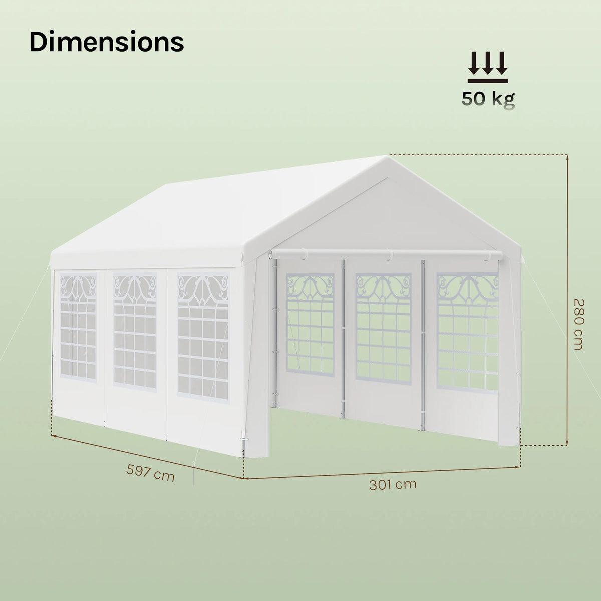 Maattekening van de witte partytent van 3 x 6 m: 301 cm breed, 597 cm lang en 280 cm hoog