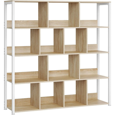 Open boekenkast van BukkitBow met 14 vakken in licht eiken, afmetingen 120x30x120 cm, geschikt voor boeken en decoratie.