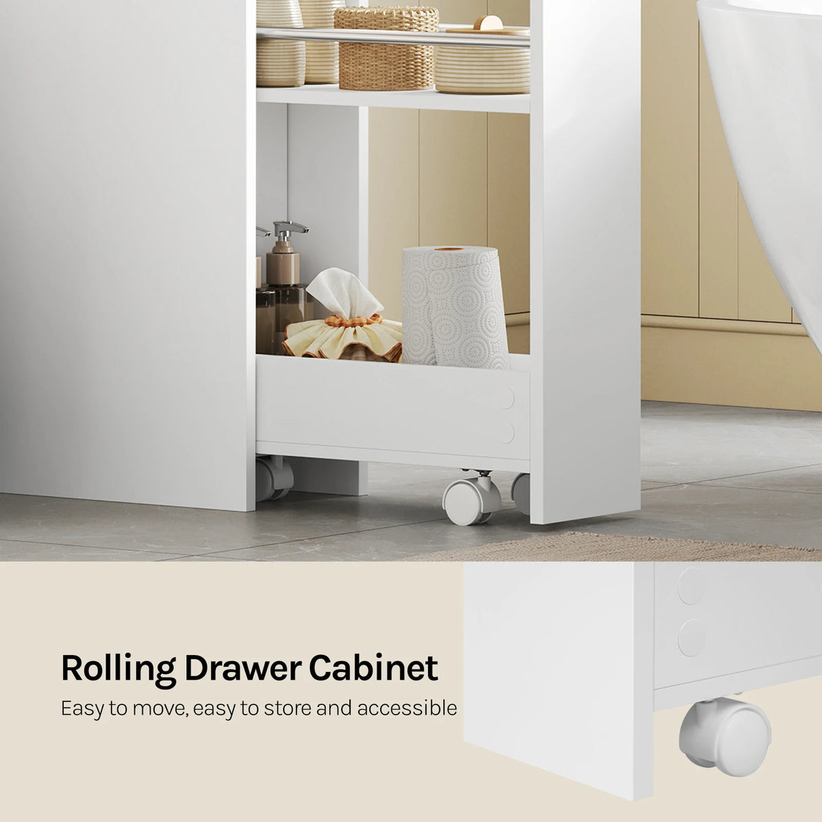 EUGAD White Narrow Bathroom Cabinet with Wheels Space-Saving Storage for Small Spaces 2 Roll-Out Drawers & Anti-Tip Design