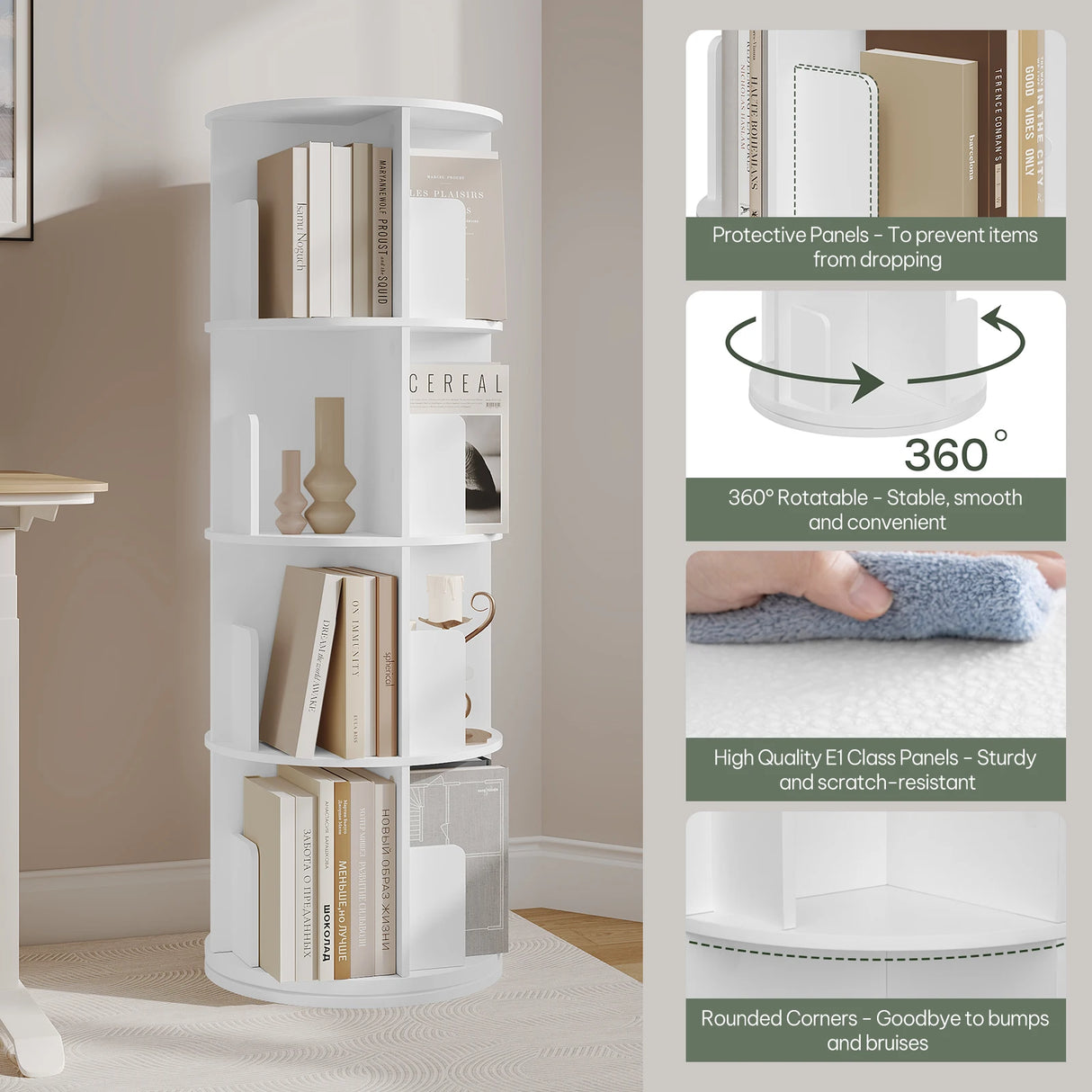 Modulaire BukkitBow roterende boekenkast met 360 graden draaibaar ontwerp, zichtbaar in de afbeelding.