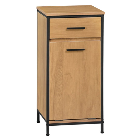 Smal badkamerkast met wasmand van BukkitBow, licht eiken en zwart, met lade, afmetingen 38x80x34 cm, moderne badkameropbergoplossing