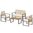 Moderne BukkitBow rotan loungeset met salontafel en kleurrijke kussens, perfect voor buitencomfort.