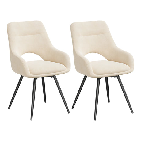 Twee beige draaibare eetkamerstoelen met gebogen armleuningen en zwarte metalen poten