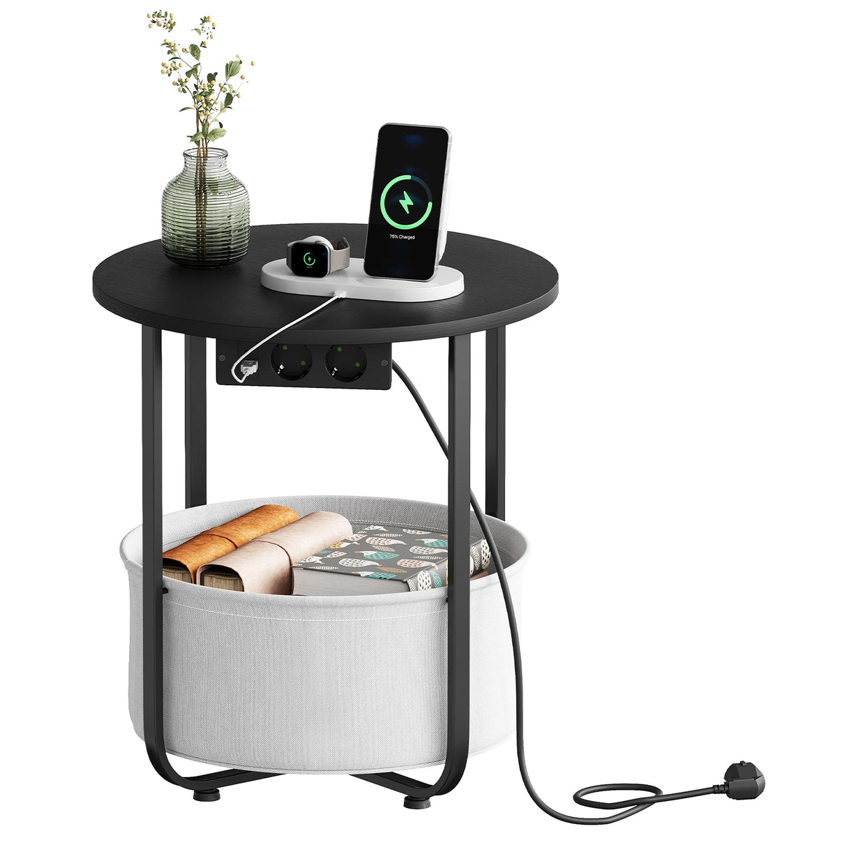 BukkitBow ronde bijzettafel van metaal met stopcontact en opbergmand, modern design voor woonkamer of slaapkamer