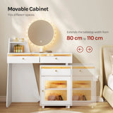 WOLTU Makeup Vanity Table with Round Mirror and LED Light Dressing Table with 3 Drawers 1 Cabinet Mountable on Left or Right for Bedroom