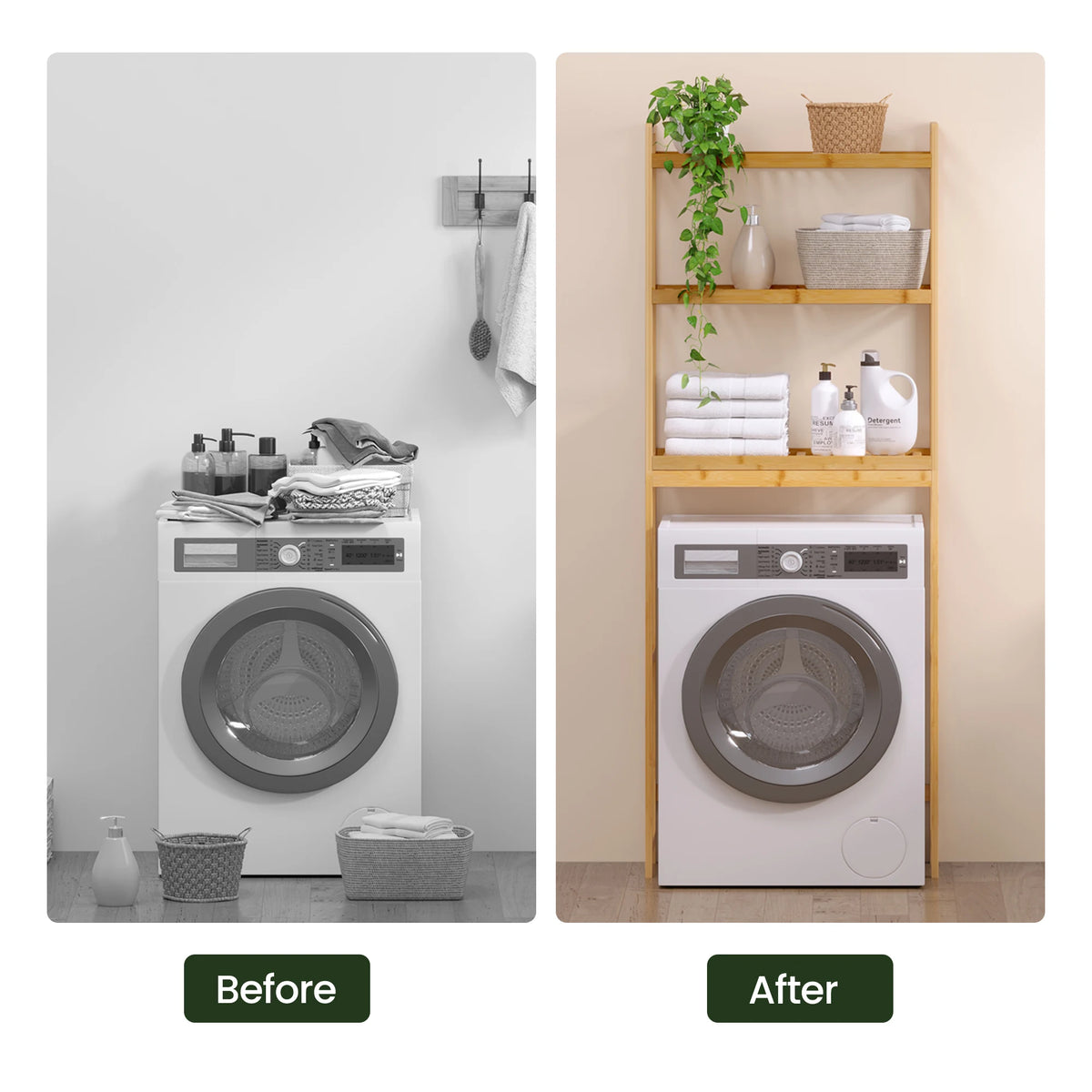 EUGAD Bamboo Bathroom Shelf Washing Machine Unit Over Toilet Shelf with 3 Adjustable Shelves Narrow Bathroom Cabinet for Bathroom Laundry Room