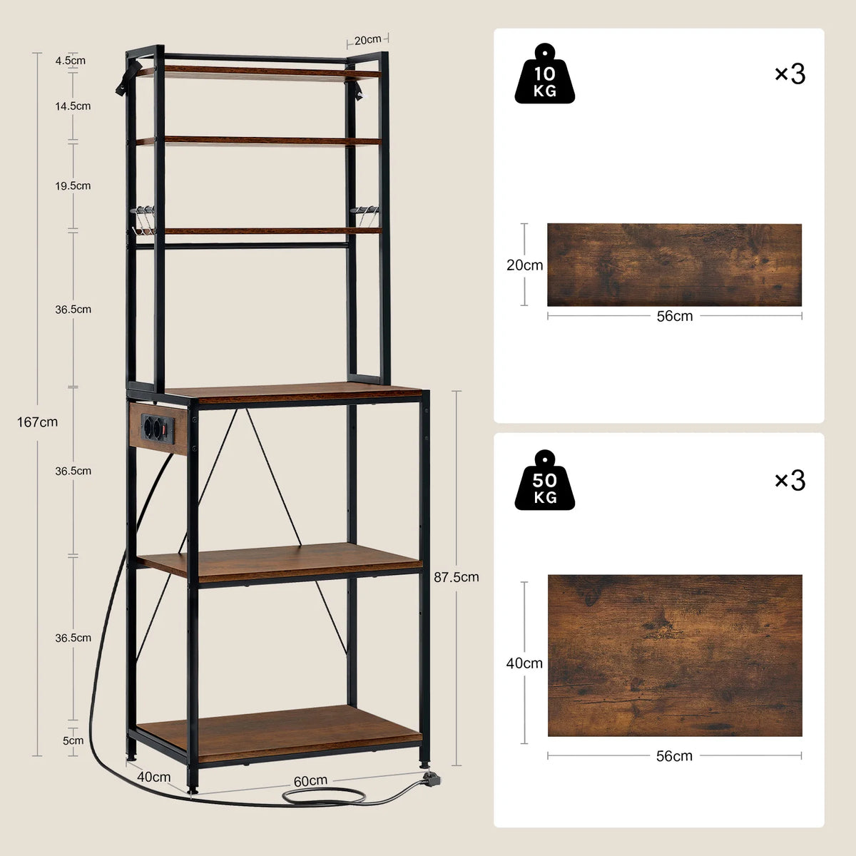 Keukenrek met stopcontact – 6 planken – 6 haken – 60 of 80 cm breed