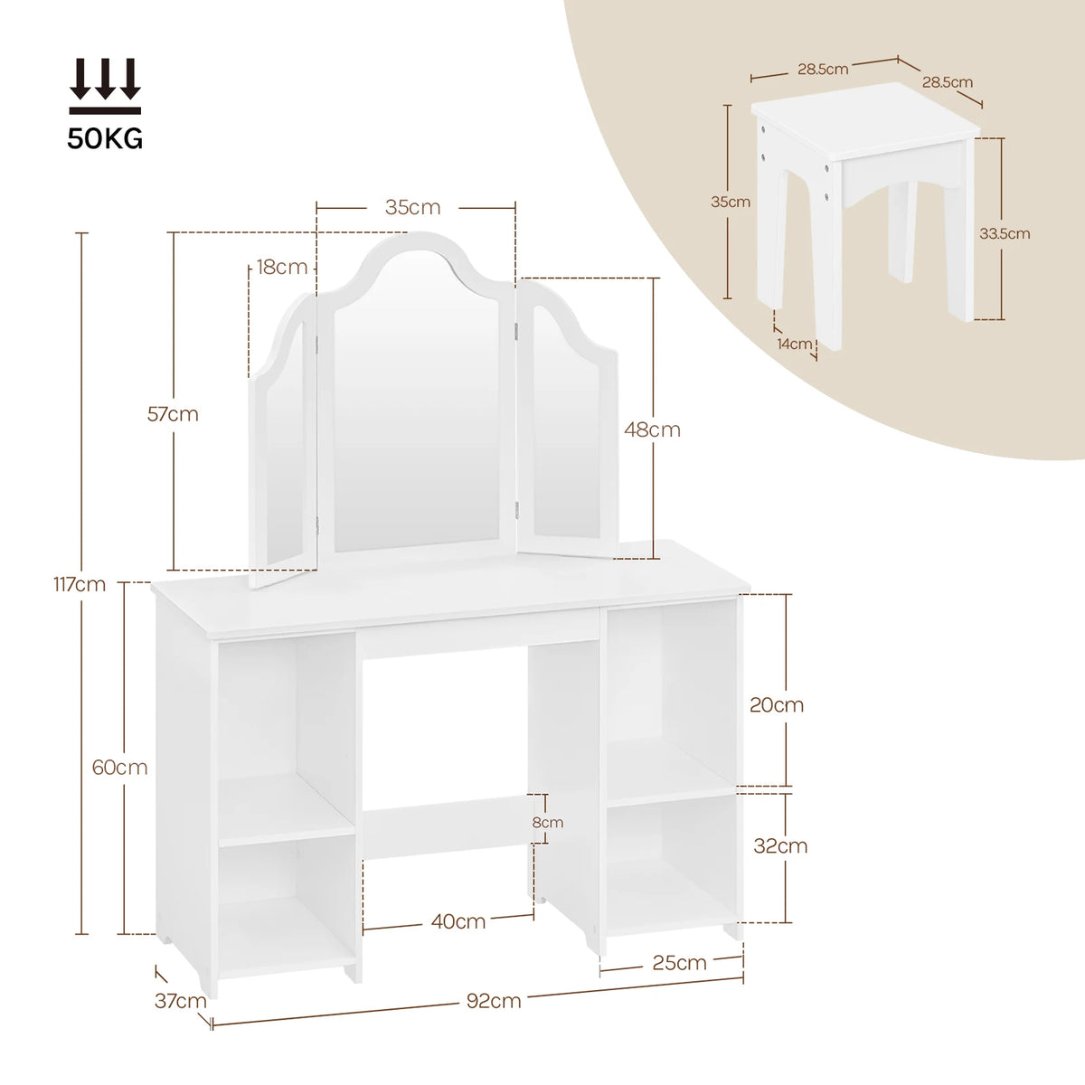 WOLTU Children's Dressing Table with Stool Mirror Wooden Small Dressing Table with Adjustable Shelves Girls Cosmetic Table White