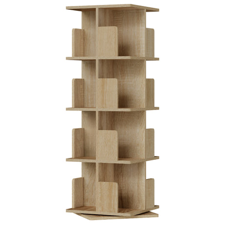 Roterende BukkitBow boekenkast met 4 niveaus, 360 graden draaibaar, modern design en houtafwerking in beeld.
