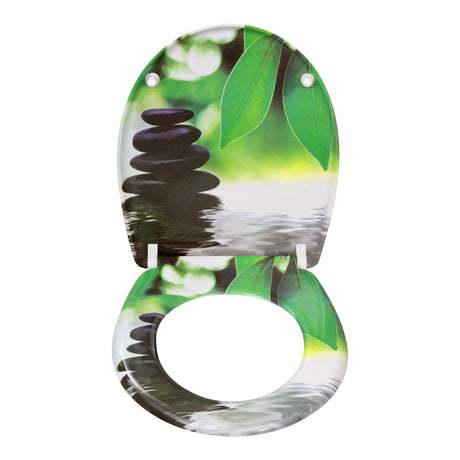 Ovale toiletbril met print van BukkitBow, softclose en quick release, gemaakt van Duroplast, 37 x 47,5 cm.