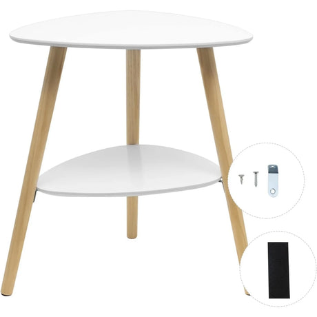 Witte BukkitBow bijzettafel met twee bladen en houten poten, hoogte 55 cm, modern en functioneel voor woonkamer of slaapkamer