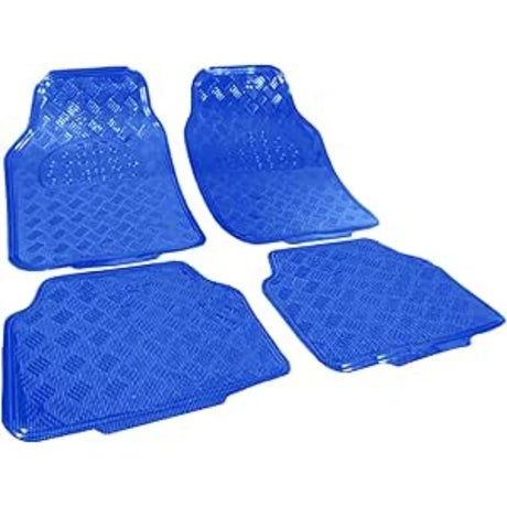 Set van 4 universele PVC automatten met aluminiumlook en antislip voor auto-interieur, geschikt voor verschillende voertuigen.