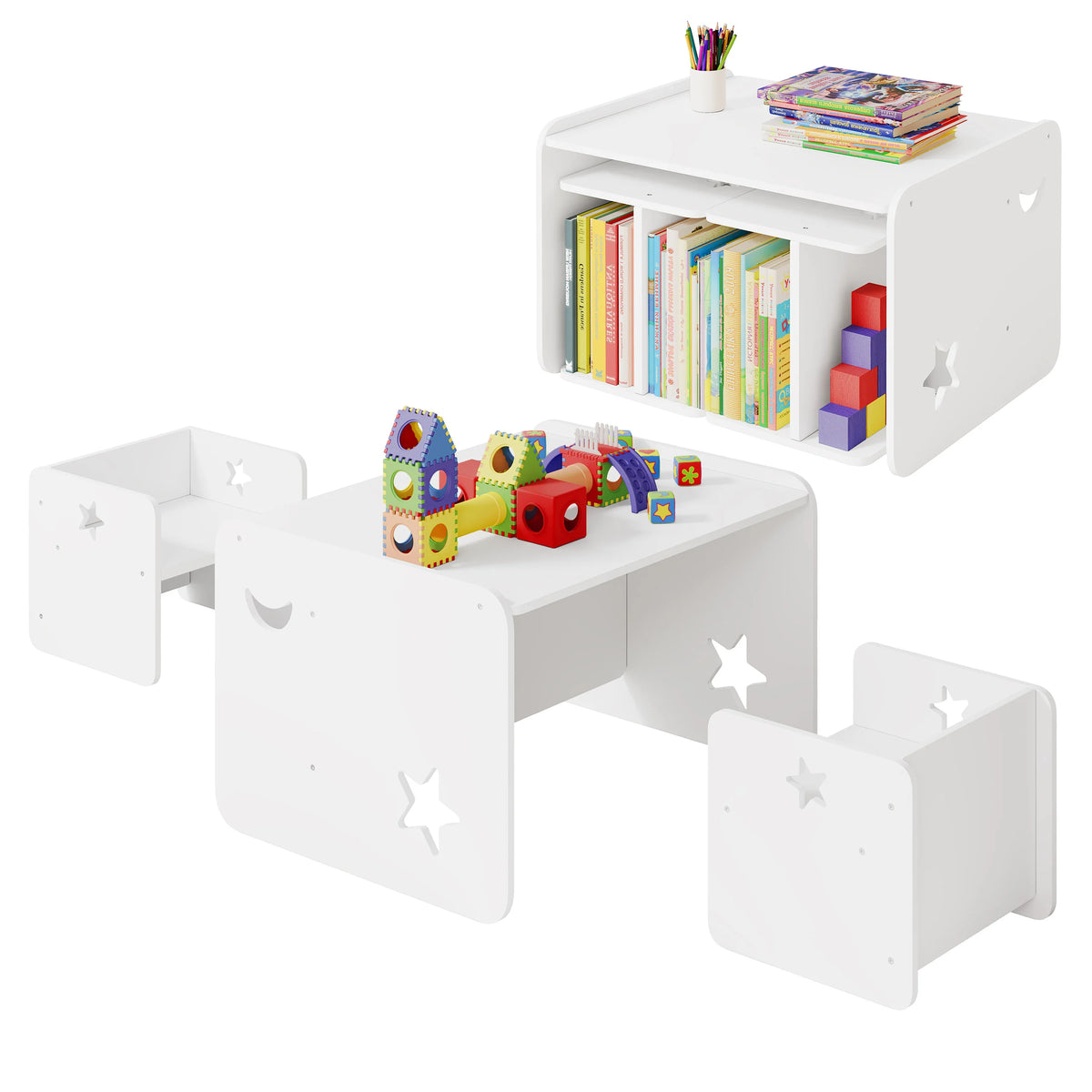 Witte kindertafel met twee stoelen, getoond naast een opstelling als open boekenkast