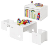 Witte kindertafel met twee stoelen, getoond naast een opstelling als open boekenkast