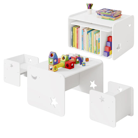 Witte kindertafel met twee stoelen, getoond naast een opstelling als open boekenkast