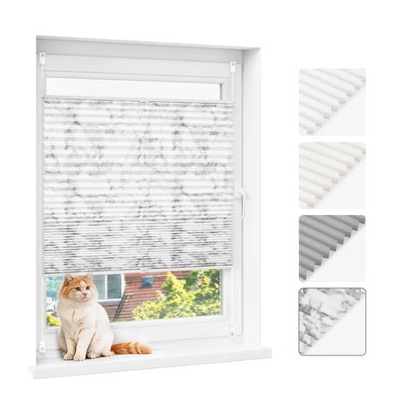 Lichtdoorlatend plisségordijn met grijs dessin op een raam, met vier detailweergaven van de stof