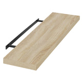 Losse lichtbruine zwevende wandplank met houtlook en zichtbare donkere bevestigingsconstructie