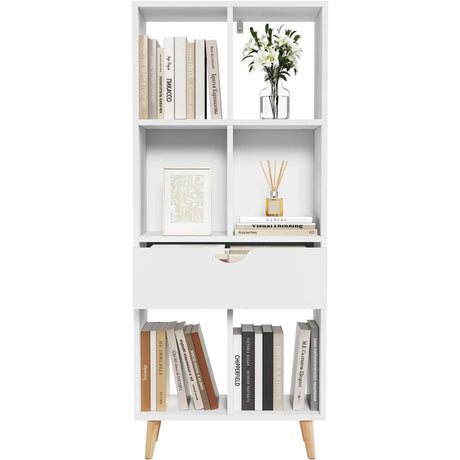 Witte Boekenkast van BukkitBow met 6 open vakken en lade, afmetingen 50x24x121 cm, geschikt voor boeken en decoratie