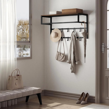 BukkitBow wandkapstok met 10 haak, muurmontage, inklapbare plank en kledingroede, voor badkamer en keuken, 80x30x41cm
