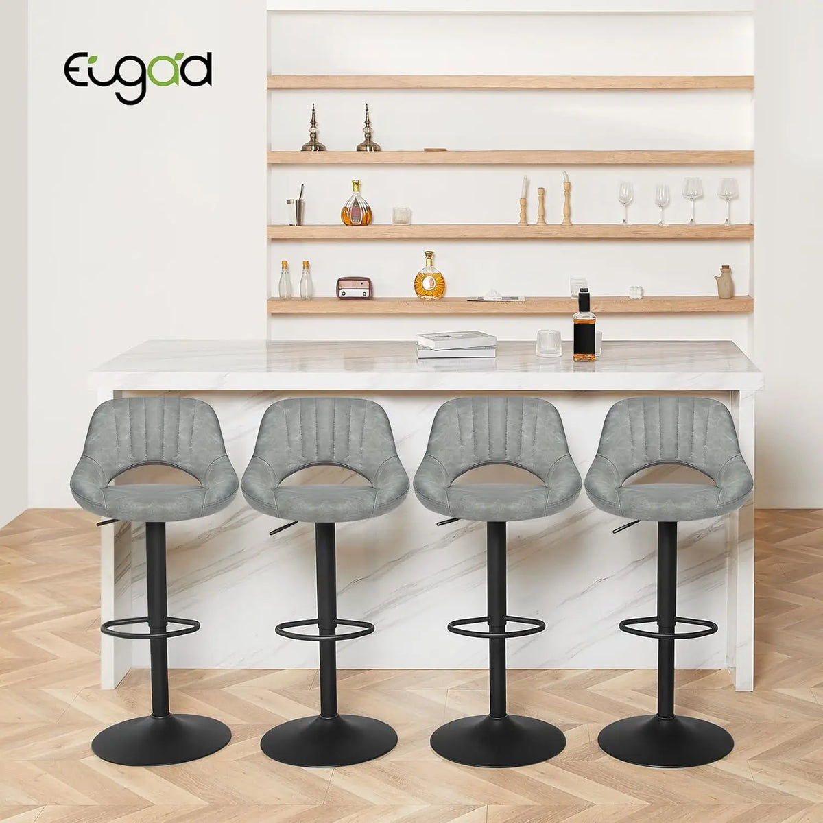 Eugad 2PCs/SET Height-Adjustable Faux Leather Bar Stools with Backrest 360° Rotatable Swivel Lifting Kitchen Bistro Stool Home Decor