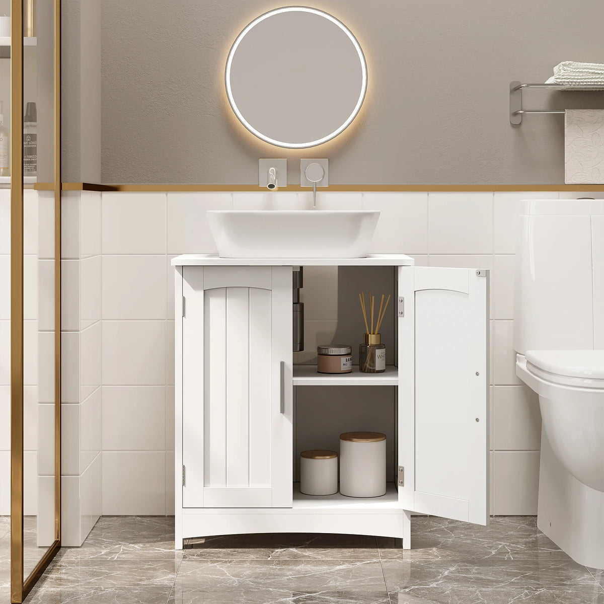 EUGAD Bathroom Cabinet Vanity Unit Under Sink Storage Cupboard with 2 Doors Adjustable Shelf Freestanding Vanity Cabinet Organizer 50x30x60cm