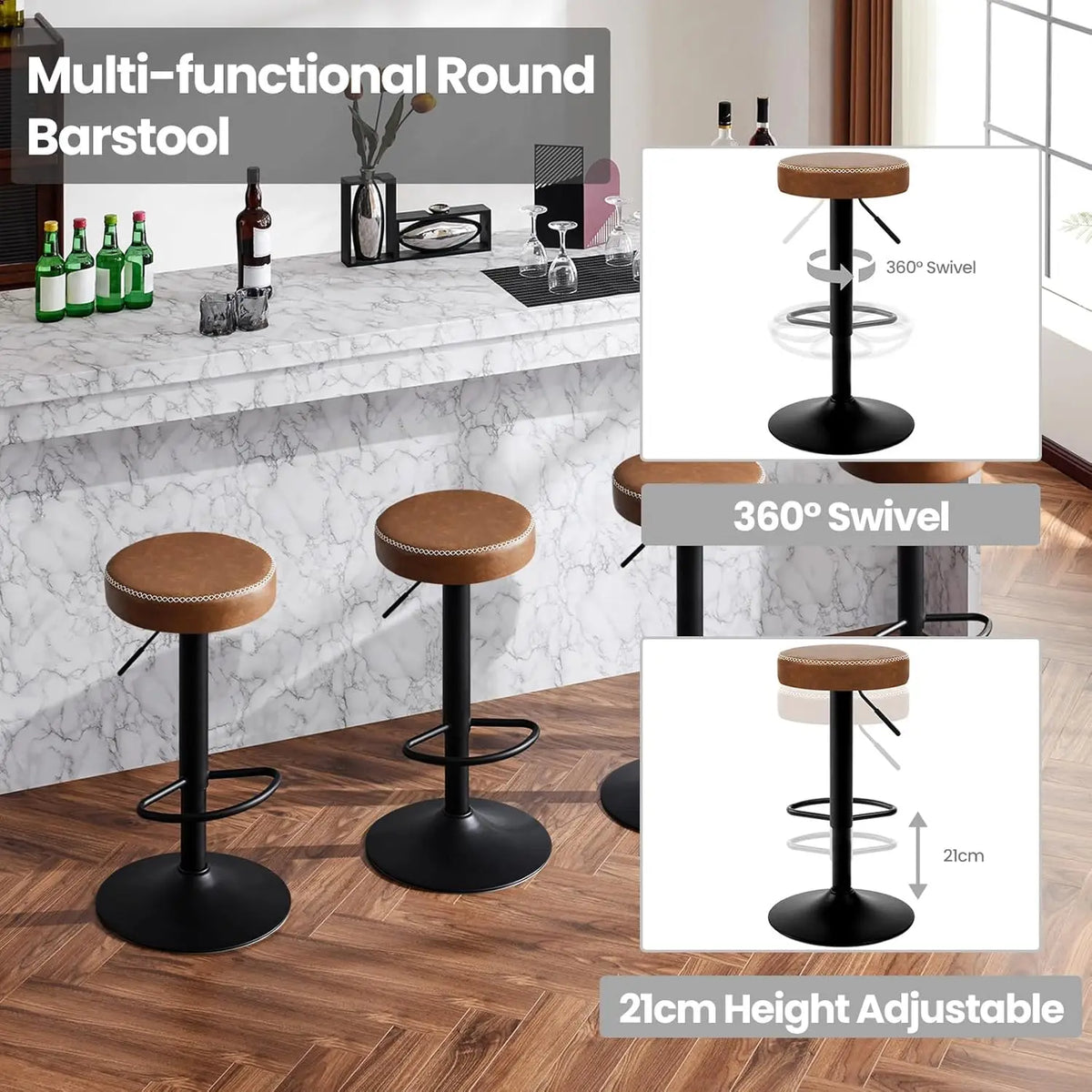 EUGAD 2PCS Swivel Kitchen Stools Round Bar Stools with Footrests Non-Slip Base Height Adjustable Counter Chair for Bistro Bar Kitchen