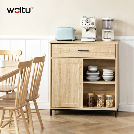 BukkitBow modern keukendressoir met schuifdeur en open vakken, strak design en houten afwerking, voor een eigentijdse keuken.